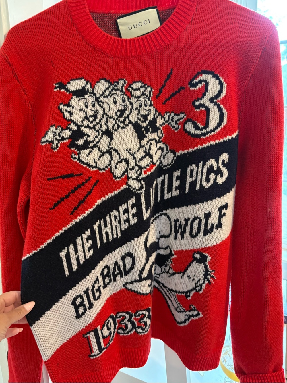 Gucci Red Knit Sweater with Black & White Cartoon Motif